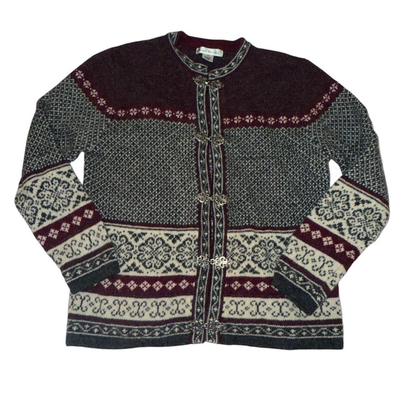 Susan Bristol Sweaters - Vintage 90s Susan Bristol 100% Wool Snowflake Fair Isle Cardigan Small Gray Red